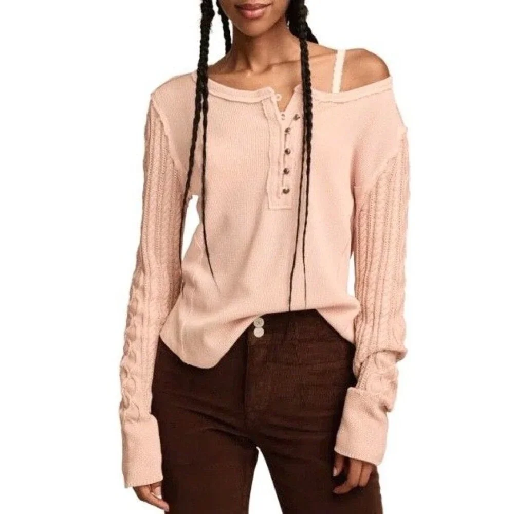NWT Lucky Brand Pink Mixed Media Thermal Cable Knit Henley Top Women Size XL